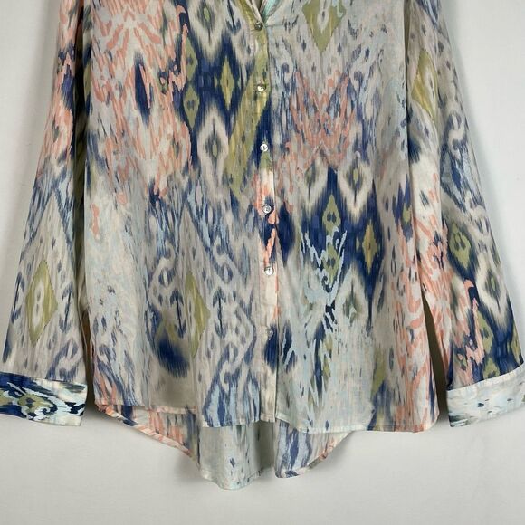 Chico's Watercolor Ikat Blue Green‎ Cotton Button Down Shirt Lightweight Size L - Picture 3 of 14